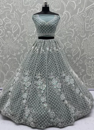 Grey Net Beads, Crystals, Dori, Embroidered, Fancy, Floral Patch, Hand, Moti and Sequins Work Lehenga Choli for Women