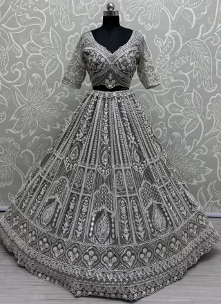 Grey Net Readymade Lehenga Choli with Embroidered, Fancy, Floral Patch, Hand, Moti and Sequins Work