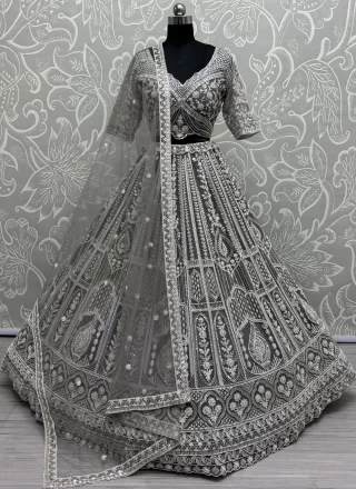 Grey Net Readymade Lehenga Choli with Embroidered, Fancy, Floral Patch, Hand, Moti and Sequins Work