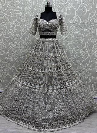 Grey Net Readymade Lehenga Choli with Embroidered, Fancy, Floral Patch, Hand, Moti and Sequins Work for Ceremonial