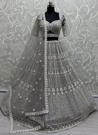 Grey Net Readymade Lehenga Choli with Embroidered, Fancy, Floral Patch, Hand, Moti and Sequins Work for Ceremonial