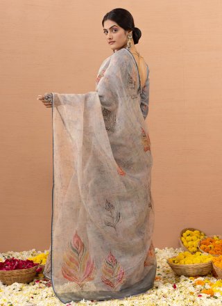 Grey Organza Aari and Digital Print Work Contemporary Saree