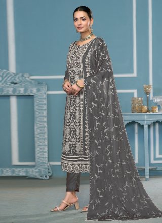 Grey Organza Embroidered Work Salwar Suit