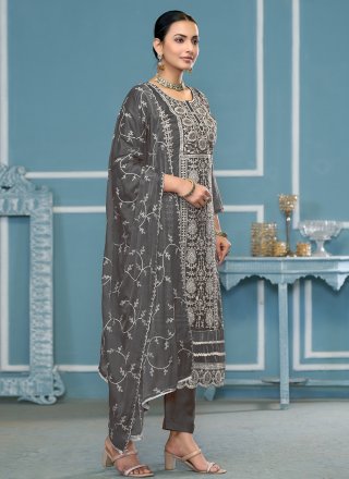 Grey Organza Embroidered Work Salwar Suit