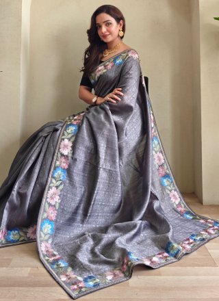Grey Patch Border and Thread Work Tussar Silk Classic Sari