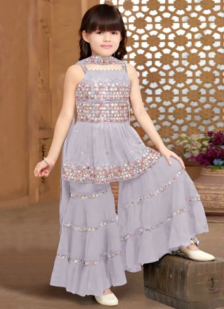 Grey Pure Crepe Readymade Salwar Suit with Embroidered, Mirror and Zari Work for Festival