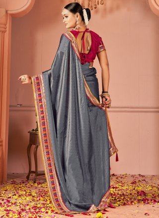 Grey Rangoli Traditional Saree with Patch Border and Embroidered Work for Ceremonial