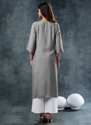 Grey Rayon Embroidered Work Casual Kurti