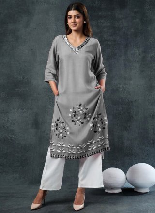 Grey Rayon Embroidered Work Casual Kurti