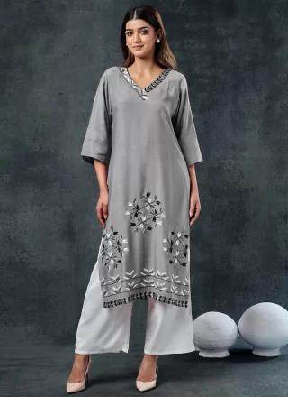 Grey Rayon Embroidered Work Casual Kurti