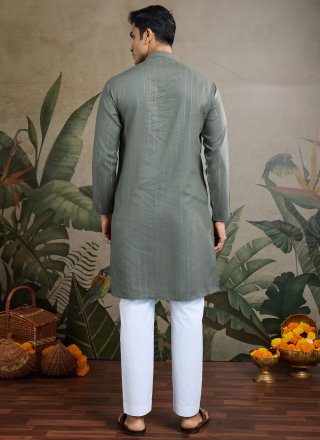 Grey Rayon Kurta Mens Wear with Mirror and Thread Work for Festival