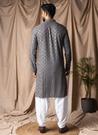 Grey Rayon Kurta Pyjama with Embroidered and Thread Work
