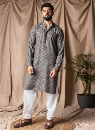 Grey Rayon Kurta Pyjama with Embroidered and Thread Work