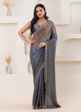 Grey Satin Contemporary Sari with Print Work
