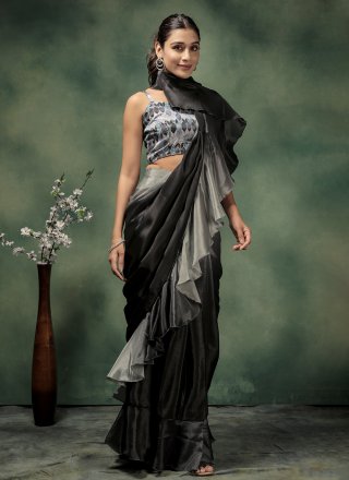 Grey Satin Print Work Classic Sari