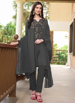 Grey Satin Readymade Salwar Suit with Embroidered Work for Women