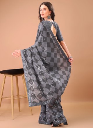 Grey Sequins and Thread Work Georgette Contemporary Saree