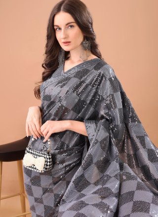 Grey Sequins and Thread Work Georgette Contemporary Saree