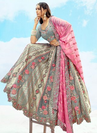 Grey Silk A - Line Lehenga Choli with Embroidered, Sequins, Stone, Thread and Zari Work