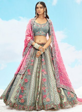 Grey Silk A - Line Lehenga Choli with Embroidered, Sequins, Stone, Thread and Zari Work