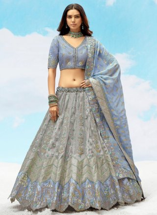 Grey Silk A - Line Lehenga Choli with Embroidered, Sequins, Stone, Thread and Zari Work for Engagement