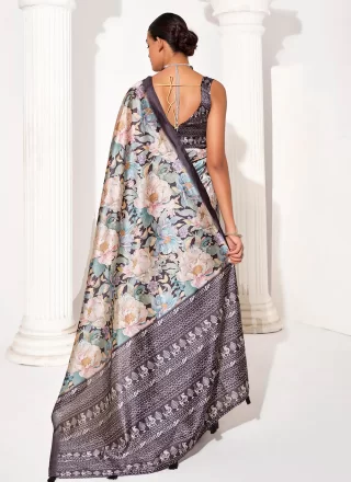 Grey Silk Blend Contemporary Sari with Print Work