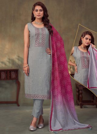 Grey Silk Buttons and Embroidered Work Readymade Salwar Suit