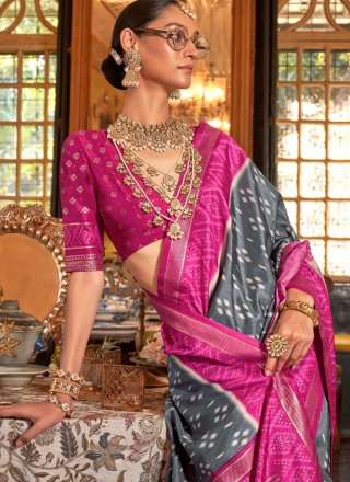 Grey Silk Classic Saree with Geometric Print Work