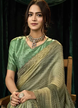 Grey Silk Classic Sari with Beads, Patch Border and Thread Work
