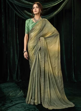 Grey Silk Classic Sari with Beads, Patch Border and Thread Work