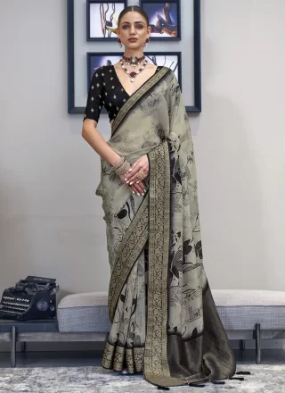 Grey Silk Classic Sari with Patch Border, Fancy, Jacquard and Print Work