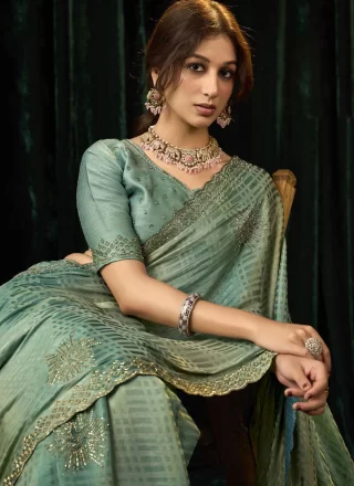 Grey Silk Contemporary Saree with Beads, Patch Border and Thread Work