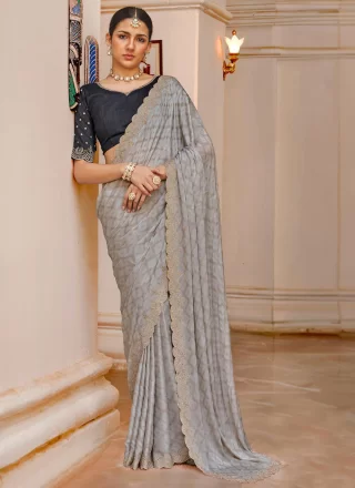 Grey Silk Cut Dana and Cut Work Contemporary Saree for Party