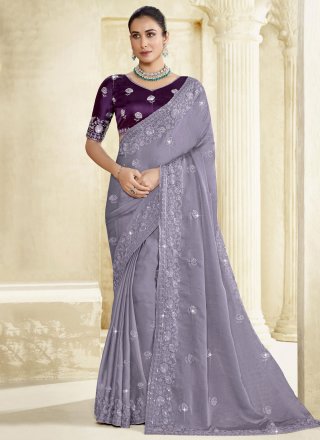 Grey Silk Cut, Embroidered and Sequins Work Classic Sari for Ceremonial