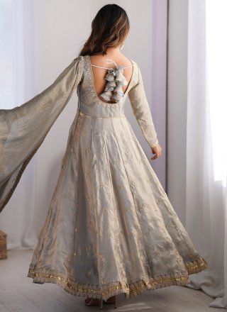 Grey Silk Embroidered, Sequins and Zari Work Floor Length Salwar Suit for Festival