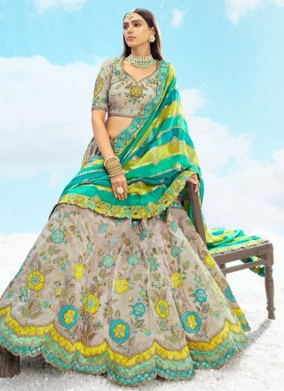 Grey Silk Embroidered, Sequins, Stone, Thread and Zari Work A - Line Lehenga Choli