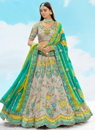 Grey Silk Embroidered, Sequins, Stone, Thread and Zari Work A - Line Lehenga Choli