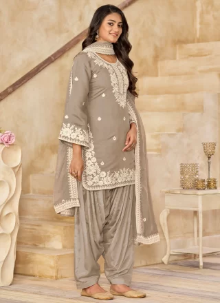 Grey Silk Embroidered Work Patiala Suit
