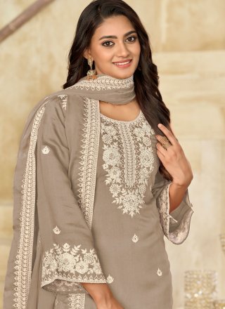 Grey Silk Embroidered Work Patiala Suit