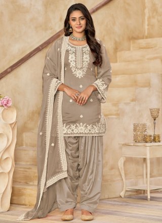 Grey Silk Embroidered Work Patiala Suit