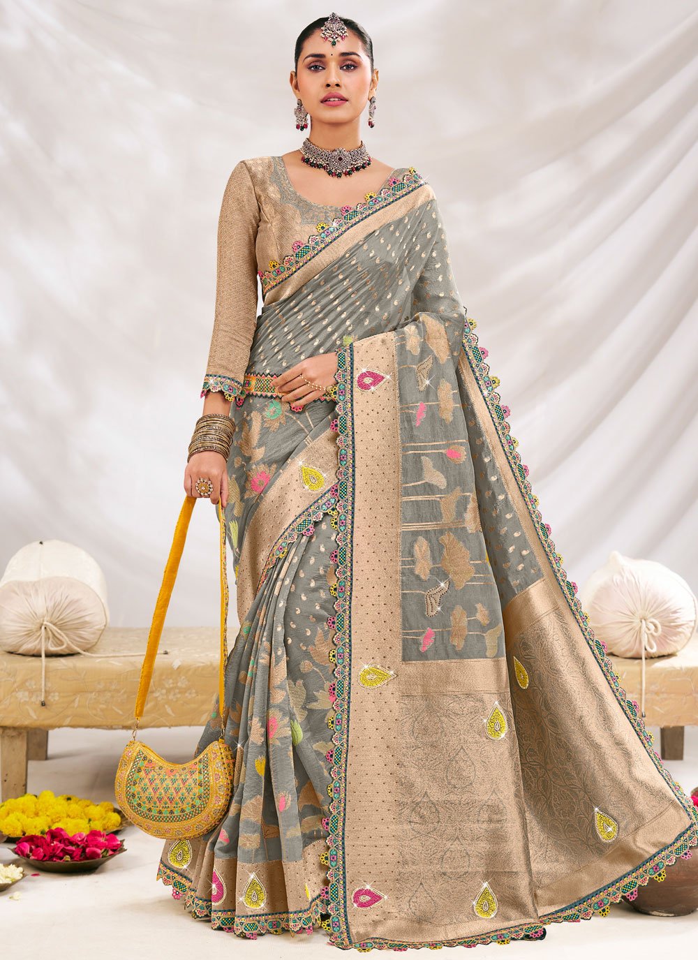 Grey Silk Fancy Work Classic Sari for Women Buy Online