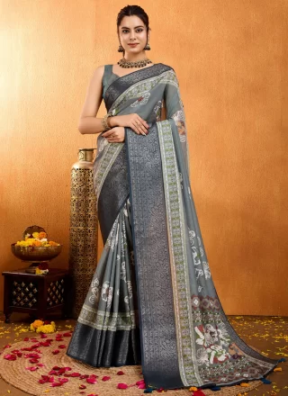 Grey Silk Floral Patch Work Classic Sari for Casual