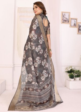 Grey Silk Jacquard and Print Work Contemporary Sari