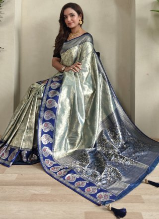 Grey Silk Jacquard Work Contemporary Sari for Ceremonial
