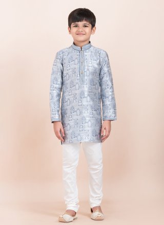 Grey Silk Kurta Pyjama with Jacquard Work for Kid