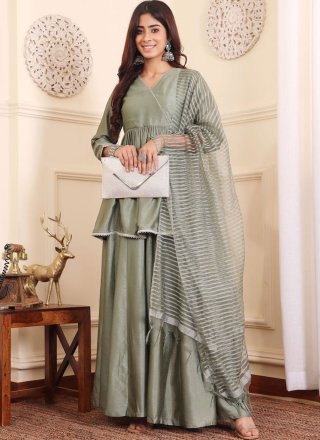 Grey Silk Lace Work Palazzo Salwar Suit for Ceremonial