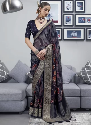 Grey Silk Patch Border, Fancy, Jacquard and Print Work Traditional Saree