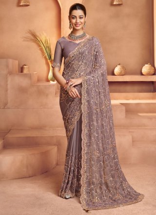Grey Tissue Classic Sari with Beads, Cut, Embroidered, Sequins and Zari Work for Ceremonial