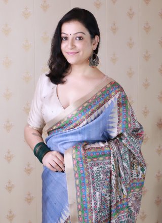 Grey Tussar Silk Casual Saree with Digital Print and Woven Work