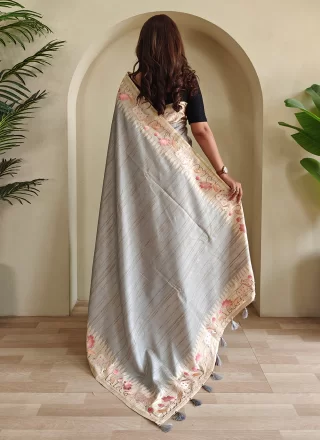 Grey Tussar Silk Embroidered and Floral Patch Work Classic Sari